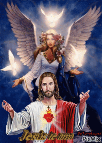 A Picture Of Jesus With An Angel And The Words Jesus Te Ama GIF