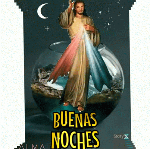A Picture Of Jesus With The Words " Buenas Noches " On The Bottom GIF