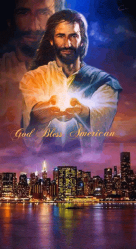 A Picture Of Jesus With The Words God Bless American GIF