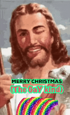 A Picture Of Jesus With The Words Merry Christmas The Gay Kind On It GIF