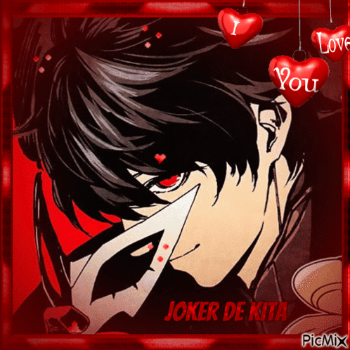 A Picture Of Joker De Kita With Red Hearts Hanging Around Him GIF