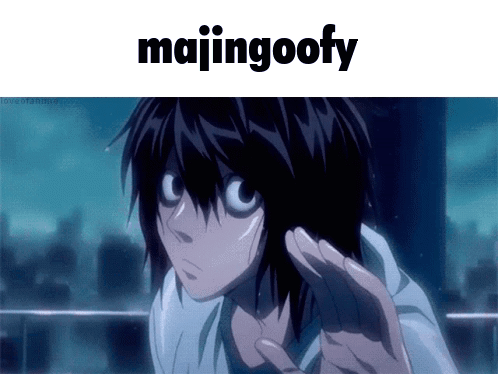A Picture Of L From Death Note With Majingoofy Written Above Him GIF