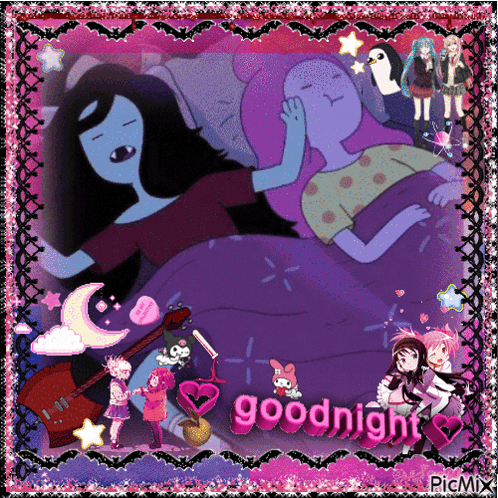 a picture of marceline and bubblegum sleeping with the words goodnight