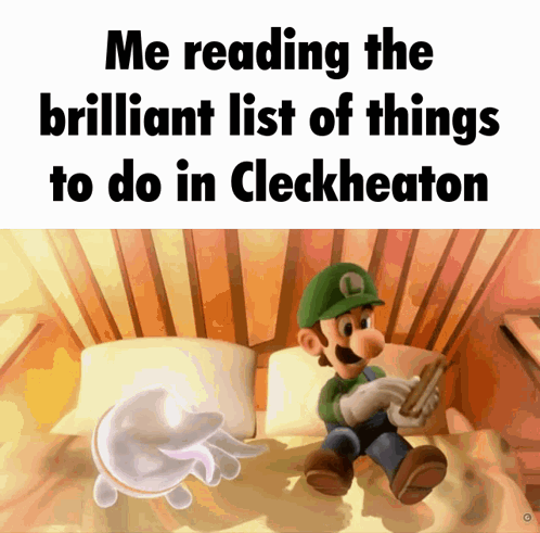 A Picture Of Mario Reading A Book With The Caption " Me Reading The Brilliant List Of Things To Do In Clockheaton " GIF
