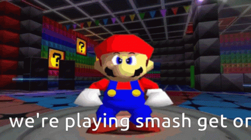 A Picture Of Mario With The Words " We 'Re Playing Smash Get Or " GIF