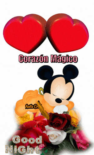 A Picture Of Mickey Mouse With Two Hearts Above Him And The Words Good Night GIF