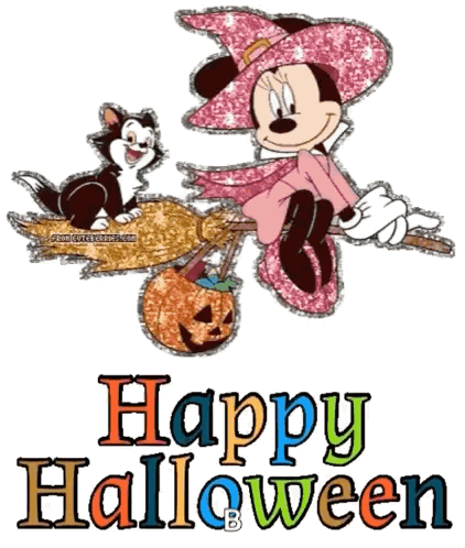 A Picture Of Minnie Mouse Flying On A Broom With A Cat And The Words Happy Halloween Below Her GIF