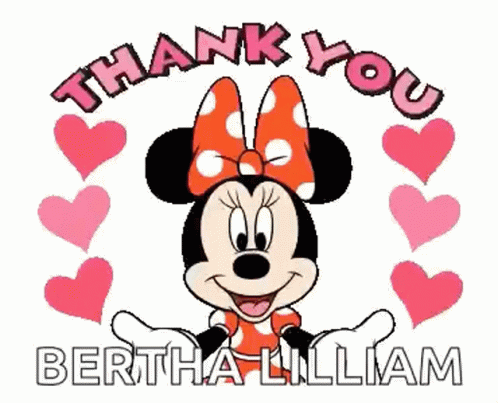 A Picture Of Minnie Mouse Surrounded By Pink Hearts With The Words Thank You Bertha Lilliam GIF