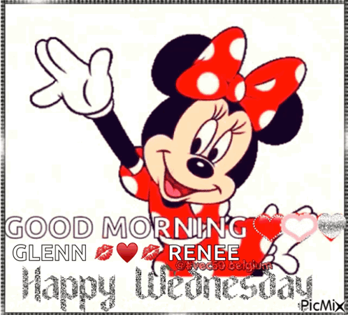 A Picture Of Minnie Mouse With The Words " Good Morning Renee Happy Wednesday " GIF