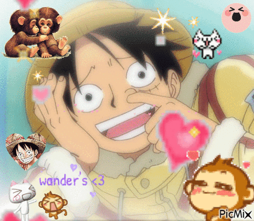 A Picture Of Monkey D Luffy Is Surrounded By Hearts And Monkeys GIF
