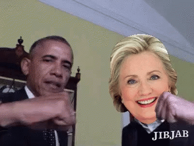 A Picture Of Obama And Hillary Clinton With Jibjab Written On Their Shirts GIF