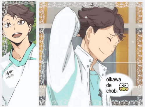 A Picture Of Oikawa De Chobi With A Frog On The Bottom GIF