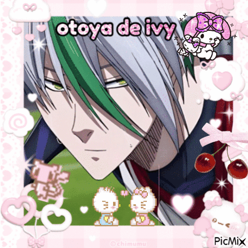 A Picture Of Otoya De Ivy Surrounded By Pink Hearts And Hello Kitty GIF