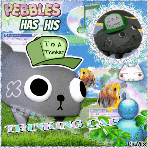 A Picture Of Pebbles Has His Thinking Cap Written On The Bottom GIF