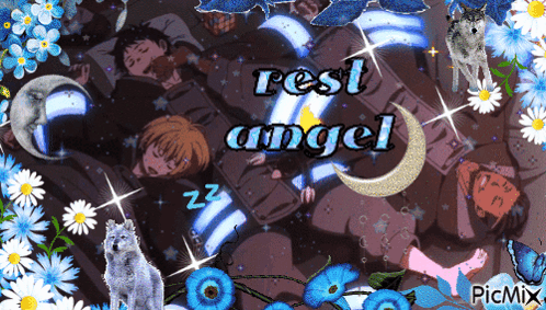 A Picture Of People Sleeping With The Words Rest Angel On The Bottom GIF