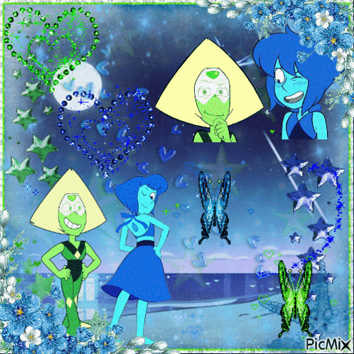 A Picture Of Peridot And Lapis From Steven Universe Surrounded By Butterflies And Flowers GIF