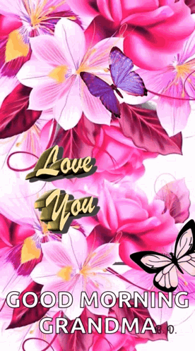 A Picture Of Pink Flowers With Butterflies And The Words " Love You " GIF