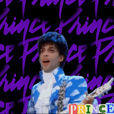 A Picture Of Prince Holding A Guitar In Front Of Purple Writing GIF
