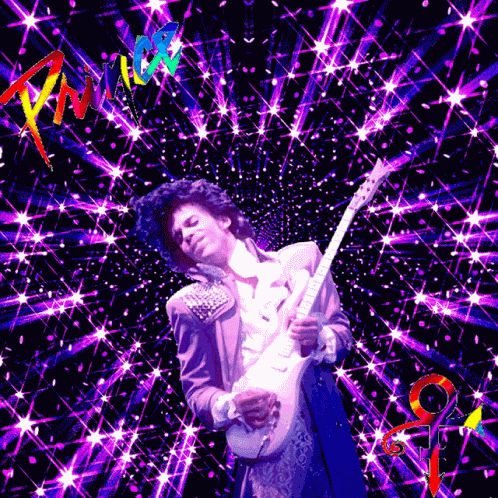 A Picture Of Prince Playing A Guitar With The Word Prince On The Bottom Right GIF