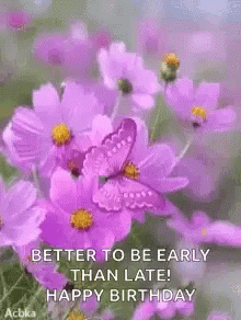 A Picture Of Purple Flowers With A Butterfly On Them And The Words `` Better To Be Early Than Late ! Happy Birthday '' . GIF