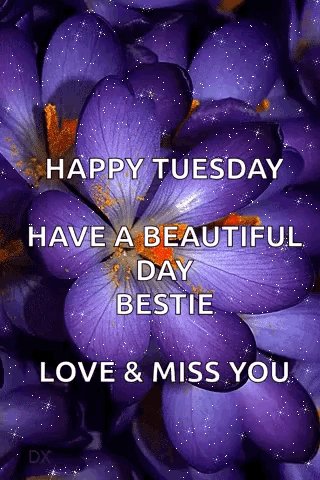 A Picture Of Purple Flowers With The Words `` Happy Tuesday Have A Beautiful Day Bestie Love & Miss You '' GIF