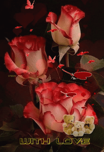a picture of roses and teddy bears with the words " with love " in yellow