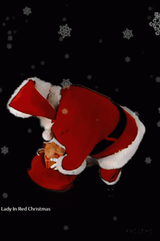 A Picture Of Santa Claus Holding A Gift With Lady In Red Christmas Written Below It GIF