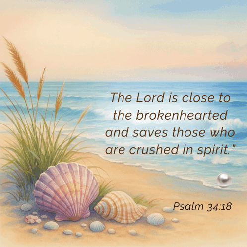 A Picture Of Seashells On The Beach With A Quote From Psalm 34:18 GIF