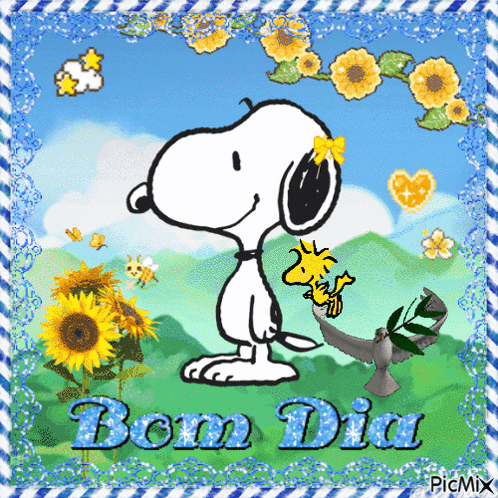 A Picture Of Snoopy And Woodstock With The Words Bom Dia GIF