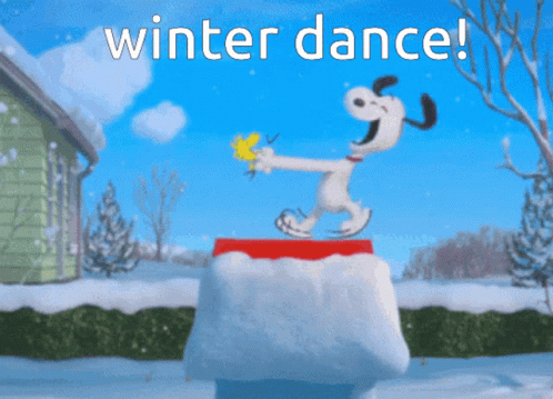 A Picture Of Snoopy Dancing In The Snow With The Words Winter Dance Below Him GIF