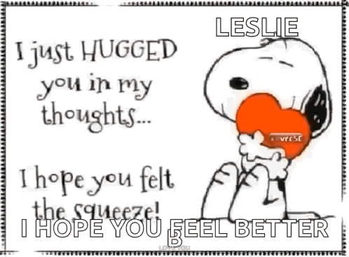A Picture Of Snoopy Holding A Heart With The Words " I Just Hugged You In My Thoughts ... I Hope You Felt " GIF