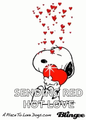 a picture of snoopy holding a red heart with hearts coming out of it .