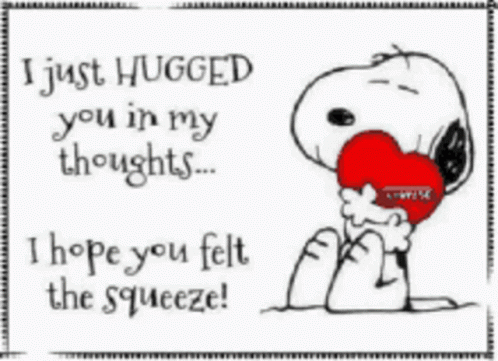 A Picture Of Snoopy Holding A Red Heart With The Words " I Just Hugged You In My Thoughts " GIF