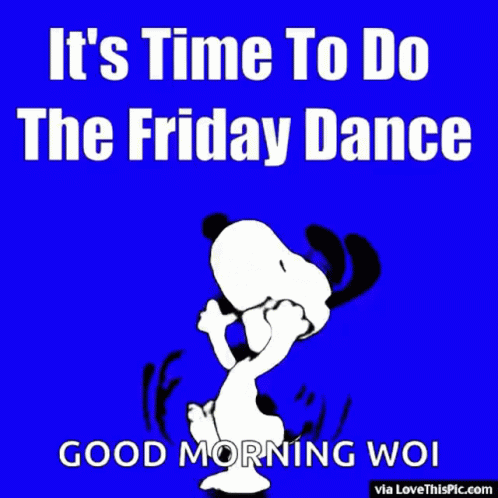 A Picture Of Snoopy On A Purple Background Says It 'S Time To Do The Friday Dance GIF