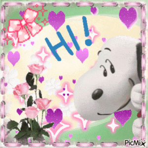 A Picture Of Snoopy Saying Hi With Hearts And Flowers GIF