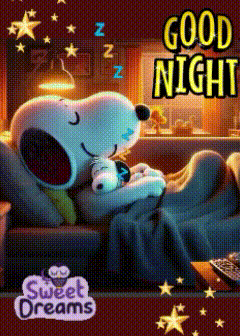 A Picture Of Snoopy Sleeping On A Couch With The Words " Good Night Sweet Dreams " GIF