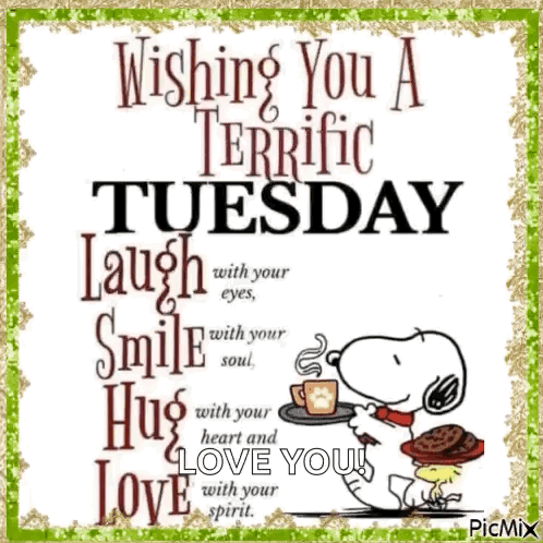 A Picture Of Snoopy Wishing You A Terrific Tuesday With A Cup Of Coffee And Cookies GIF