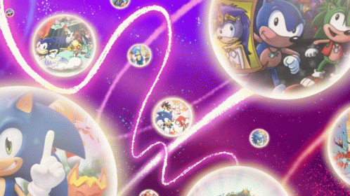 A Picture Of Sonic The Hedgehog Surrounded By Bubbles With A Purple Background GIF