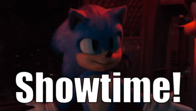 A Picture Of Sonic The Hedgehog With The Words Showtime Behind Him GIF