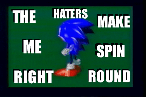 A Picture Of Sonic The Hedgehog With The Words " The Haters Make Me Spin Right Round " GIF