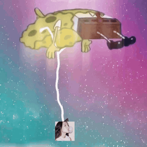 A Picture Of Spongebob And A Picture Of A Girl Blowing A Bubble GIF