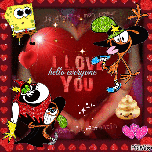 A Picture Of Spongebob And Other Cartoon Characters With The Words " I Love Everyone You " GIF