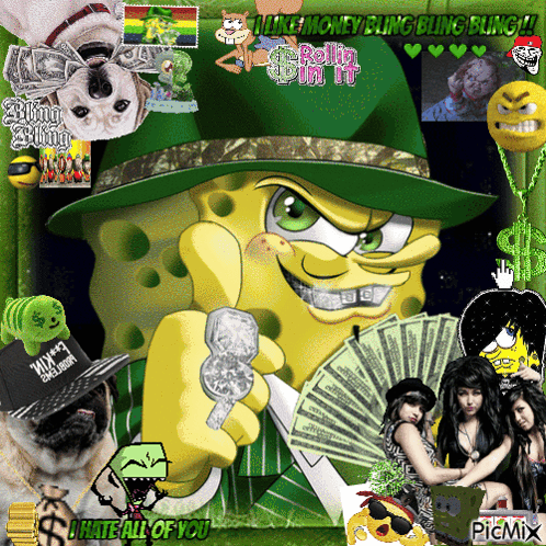 SpongeBob Holding Money Fan Saying I Like Money Bling Bling GIF