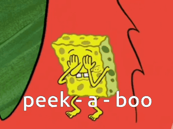 a picture of spongebob on a red background with the words peek-a-boo below him