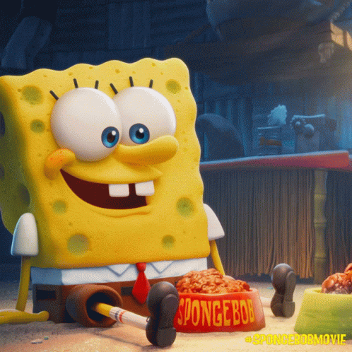 A Picture Of Spongebob Sitting Next To A Bowl Of Spongebob Food GIF