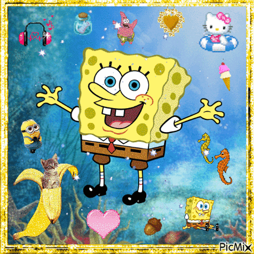 A Picture Of Spongebob Surrounded By Hello Kitty Minions And Other Cartoon Characters GIF