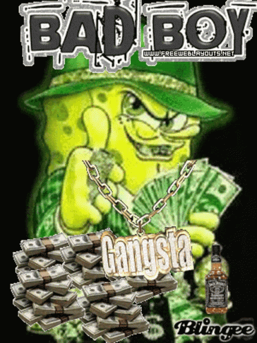 A Picture Of Spongebob Wearing A Green Hat And Holding Stacks Of Money And A Bottle Of Jack Daniels GIF