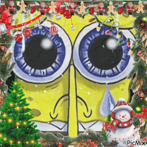 A Picture Of Spongebob With A Christmas Tree And A Snowman GIF