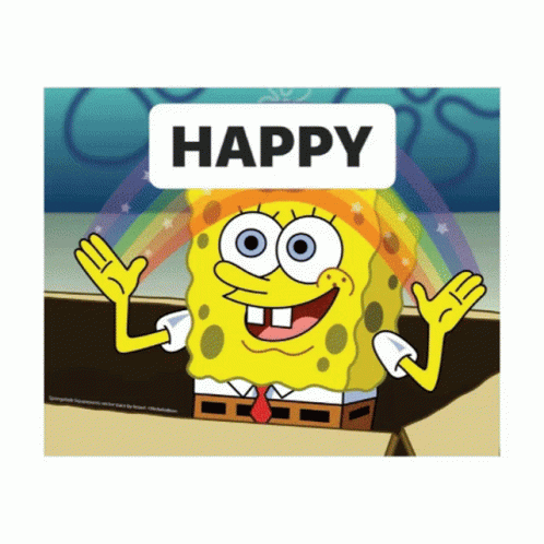 A Picture Of Spongebob With A Happy Sticker On His Head GIF