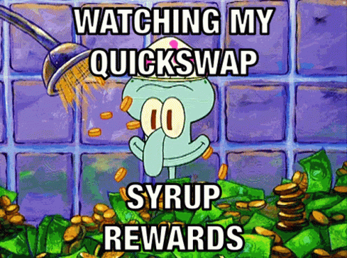 a picture of squidward from spongebob squarepants with the caption " watching my quickswap syrup rewards " on it